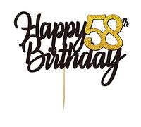 Happy 58th Birthday Cake Toppers Glitter 58th Anniversary Cake Topper 58 Years Loved Bday Decorations 58 Gold Birthday Cake Decorations Fifty-eight Party Supplies for Women Men(Black Gold)