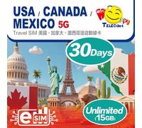 Happy 5G eSim USA Canada Mexico 7, 15, 30 Days Unlimited Data Travel Sim Card (excludes Alaska & Guam) | 5G High-Speed Data | Easy Activation | No Need Registration (eSIM 30Days 15GB)