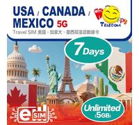 Happy 5G eSim USA Canada Mexico 7, 15, 30 Days Unlimited Data Travel Sim Card (excludes Alaska & Guam) | 5G High-Speed Data | Easy Activation | No Need Registration (eSIM 7Days 5GB)