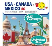 Happy 5G USA Canada Mexico 7, 15, 30 Days Unlimited Data Travel Sim Card (excludes Alaska & Guam) | 5G High-Speed Data | Easy Activation | No Need Registration (15Days | 8GB)