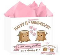 Happy 5th Anniversary Paper Bag with Tissue Paper and Greeting Card, Funny Wood Anniversary Theme Gift Bag with Handles, Cute Cartoon Tree Stump and Romantic Word Art Wrapping Set for Husband Wife