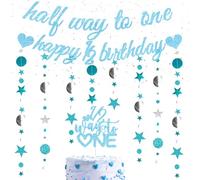 Happy 6 Months Birthday Decorations - Blue Half Way To One Banner with Glitter Star Garland, 1/2 Way To One Cake Topper For Baby Six Months Old Party Supplies