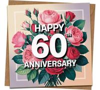 Happy 60th Anniversary Card, Rose Bouquet Design, 145mm x 145mm Square, Diamond Anniversary Card for Couple, Parents, Husband or Wife, Kraft Envelope Included