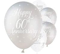 Happy 60th Anniversary White & Silver Latex Balloons (30cm) Pack of 5 - Elegant Celebration Decorations