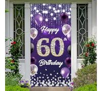 Happy 60th Birthday Backdrop Banner Purple Theme Background with Shiny Diamond Noble Elegant Birthday Party Photo Photography Prop Booth Door Background for Men Women Celebration 35.4x72.8in-BECKTEN