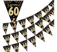 Happy 60th Birthday Banner 3Pcs Black and Gold 15 Flags Banner ideal for Home Men Women Decorative Hanging Bunting ideal for Home Party 60th Decorations