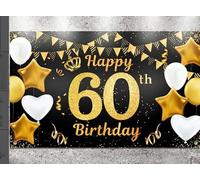 Happy 60th Birthday Banner - Black Gold Party Collection, Photo Booth Sign, 180x110cm