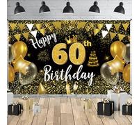 Happy 60th Birthday Banner, Extra Large Fabric Backdrop for Home Outdoor Decorations, 72 x 44 Inch Black Gold Fireworks Balloon Photo Booth Background Banner for Party Supplies