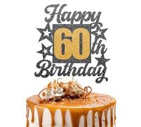 Happy 60th Birthday Cake Topper - Black and Gold Glitter Number Cake Topper - Number 60