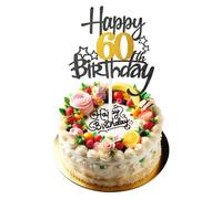 Happy 60th Birthday Cake Topper, Black Gold Glitter 60th Birthday Cake Topper, 60th Birthday Cake Pick Cake Decoration for Happy 60th Birthday Anniversary Party Supplies