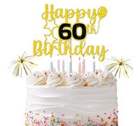 Happy 60th Birthday Cake Topper with Number and Firework Sticks - Gold Glitter Party Decoration for Men Women Kids, Cake Insert Set for Birthday Celebration