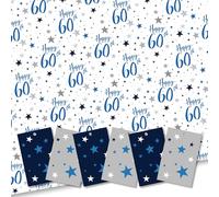 Happy 60th Birthday Gift Wrap. 5 XL Sheets (50 x 70cm). Wrapping Paper with matching Gift Tags. Cutting grid on reverse. Made in Britain.