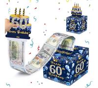 Happy 60th Birthday Money Box Cash Gift, Blue & Rose Gold Funny Pull Cash from Money Case for Surprise,Money Gift Box with Pull Out Happy 60th Birthday Card for Money/Lottery/Coupon on One's Birthday
