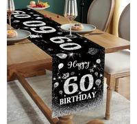 Happy 60th Birthday Table Runner Black Silver 60th Birthday Table Runner for Men Women Him Her 60 Years Old Birthday Celebration Party Decor Non-Slip Dining Table Linen Cloth Decorations 180x35cm Long