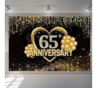 Happy 65th Anniversary Banner Background Decorations, Wedding Anniversary 65th Happy Anniversary Party Poster Accessories Fabric Sign Poster, Black Gold Anniversary Decor, 1.5m