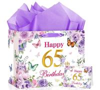 Happy 65th Birthday Gift Bag with Wrapping Paper and Card, Purple Floral 65th Birthday Gift Bag 65 Year Old Wrapping Bag for Women Mom Grandma Wife 65 Birthday Party Favors Supplies