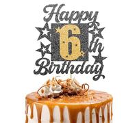 Happy 6th Birthday Cake Topper - Black and Gold Glitter Number Cake Topper - Number 6