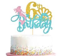 Happy 6th Birthday Cake Topper, Mermaid Under The Sea Starfish Seawood Seashells Theme Birthday Party Decorations, Glitter Baby Shower Birthday Party Supplies Blue