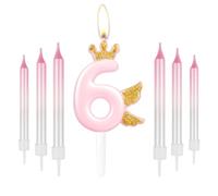 Happy 6th Birthday Number Candles, Gold Crown with Wing Candles for Cake, Pink Birthday Decorations for Her, Cute 6 Candles Cake Cupcake Topper for Girls Women Birthday Party 6th Wedding Anniversary