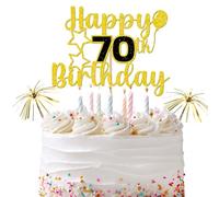 Happy 70th Birthday Cake Topper with Number and Firework Sticks - Gold Glitter Party Decoration for Men Women Kids, Cake Insert Set for Birthday Celebration