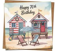 Happy 70th Birthday Card - Beach Huts Seaside Design, 145mm x 145mm Square - Coastal/Nautical Theme for Him or Her - Includes Kraft Envelope
