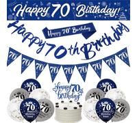 Happy 70th Birthday Decorations for Men - Navy Blue Silver Banners, Party Supplies, 9ft Bunting, Sash, Confetti, Latex Balloons, Cake Toppers, Triangle Flags