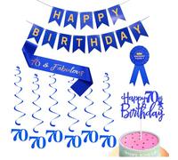 Happy 70th Birthday Decorations Kit For Men,Blue Happy Birthday Banner,Sash,Hanging Swirls Streamers,Cake Topper,Badge For Him 70th Birthday Party Supplies (70th)