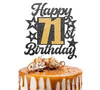 Happy 71st Birthday Cake Topper - Cheers to 71 Years Black Gold Glitter - 71 & Fabulous Cake Decoration - Kids Birthday Cake Topper for Girls or Boys - Party Supplies