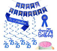 Happy 75th Birthday Decorations Kit For Men,Blue Happy Birthday Banner,Sash,Hanging Swirls Streamers, Cake Topper,Badge For Him Birthday Party Supplies (75th)