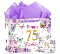 Happy 75th Birthday Gift Bag with Wrapping Paper and Card, Purple Floral 75th Birthday Gift Bag 75 Year Old Wrapping Bag for Women Mom Grandma Wife 75 Birthday Party Favors Supplies