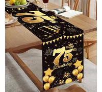 Happy 75th Birthday Table Runner Black Gold 75th Birthday Table Runner for Men Women 75 Years Old Birthday Anniversary Celebration Party Non-Slip Dining Table Linen Cloth Decorations, 180x35cm Long