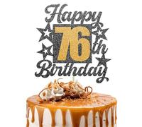 Happy 76th Birthday Cake Topper - Cheers to 76 Years Black Gold Glitter - 76 & Fabulous Cake Decoration - Kids Birthday Cake Topper for Girls or Boys - Party Supplies