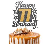 Happy 77th Birthday Cake Topper - Black and Gold Glitter Number Cake Topper - Number 77