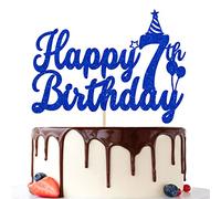 Happy 7th Birthday Cake Topper, 7th Birthday Cake Decor, for Boy's Girl's 7 Year Old Bday Party Decorations Blue Glitter