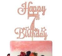 Happy 7th Birthday Cake Topper, Cheers to 7 Years, Hello 7, 7th Birthday Anniversary Party Decorations Rose Gold Glitter.
