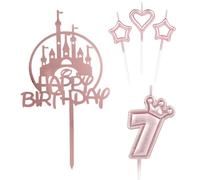Happy 7th Birthday Candles Cake Toppers, Pink Castle Cake Topper, Crown Number 7 Candle for Cake, Pink Cake Candle Cake Cupcake Topper for Girls Baby Birthday Party 7th Wedding Anniversary Decorations