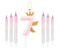 Happy 7th Birthday Number Candles, Gold Crown with Wing Candles for Cake, Pink Birthday Decorations for Her, Cute 7 Candles Cake Cupcake Topper for Girls Women Birthday Party 7th Wedding Anniversary