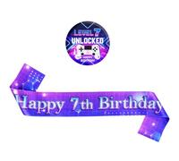 Happy 7th Birthday Sash Badge Set, Neon Purple Gaming Level 7 Unlocked | Awesome Since 2019 Birthday Party Accessories for Boys Girls 7 Years Old