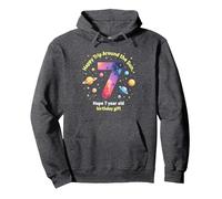Happy 7th Trip Around the Sun Birthday Gift Pullover Hoodie, Adult Unisex, Dark Heather Grey, XL