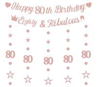 Happy 80th Birthday Banner Decorations - Rose Gold Glitter Eighty Banners Party Supplies for Girls, Circle Dots Star Garland Birthday Banner Set for 80 Years Old Party Decor