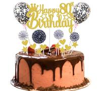 Happy 80th Birthday Cake Decoration 80 Years Man Women Cake Decoration 80th Birthday Gold Black Cake Decoration 80th Birthday Man Cake Decoration Gold with Heart Star Balloon Glitter Cake Topper for