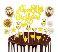 Happy 80th Birthday Cake Topper Gold, Glitter 80th Birthday Cake Topper Kit with Star Heart Paper Fans Confetti Balloon, Cupcake Topper for Women Men 80th Birthday Anniversary Party Cake Decorations