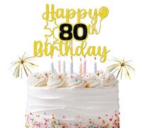 Happy 80th Birthday Cake Topper with Number and Firework Sticks - Gold Glitter Party Decoration for Men Women Kids, Cake Insert Set for Birthday Celebration
