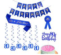 Happy 80th Birthday Decorations Kit For Men,Blue Happy Birthday Banner,Sash,Hanging Swirls Streamers, Cake Topper,Badge For Him 80th Birthday Party Supplies (80th)