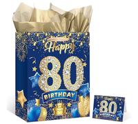 Happy 80th Birthday Gift Bag with Tissue Paper Greeting Card 13'' Navy Blue Gold 80th Birthday Wrap Bag for Women Men 80 Years Old Anniversary Party Decorations Goodie Wrapping Bag Presents Supplies