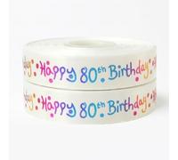 Happy 80th Birthday Ribbon White Multi Colour Satin 25mm x 2m, Birthday Ribbon for Gift Wrapping, Party Ribbons for Gift Wrapping, Cakes, Cards and Creative Crafts