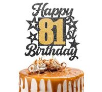 Happy 81st Birthday Cake Topper - Black and Gold Glitter Number Cake Topper - Number 81