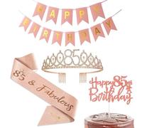 Happy 85th Birthday Party Favor Supplies - Women's Sash, Tiara, Crown & Rose Gold Cake Topper, Banner & Decorations