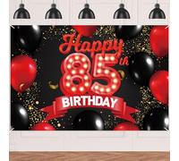 Happy 85th Birthday Red and Black Banner Backdrop Decorations Balloons Theme Decor for Girls Women Princess 85 Years Old Birthday Party Bday Photo Booth Props Supplies Background Favors Glitter Gold