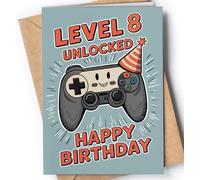 Happy 8th Birthday Card for Boy - Cool 8 Year Old Birthday Card for Son, Grandson, Nephew - Cute Gamer Level 8 Bday Cards for Kids - Age 8 Video Game Themed Greeting Cards for Boys, Gamers - NUM 259
